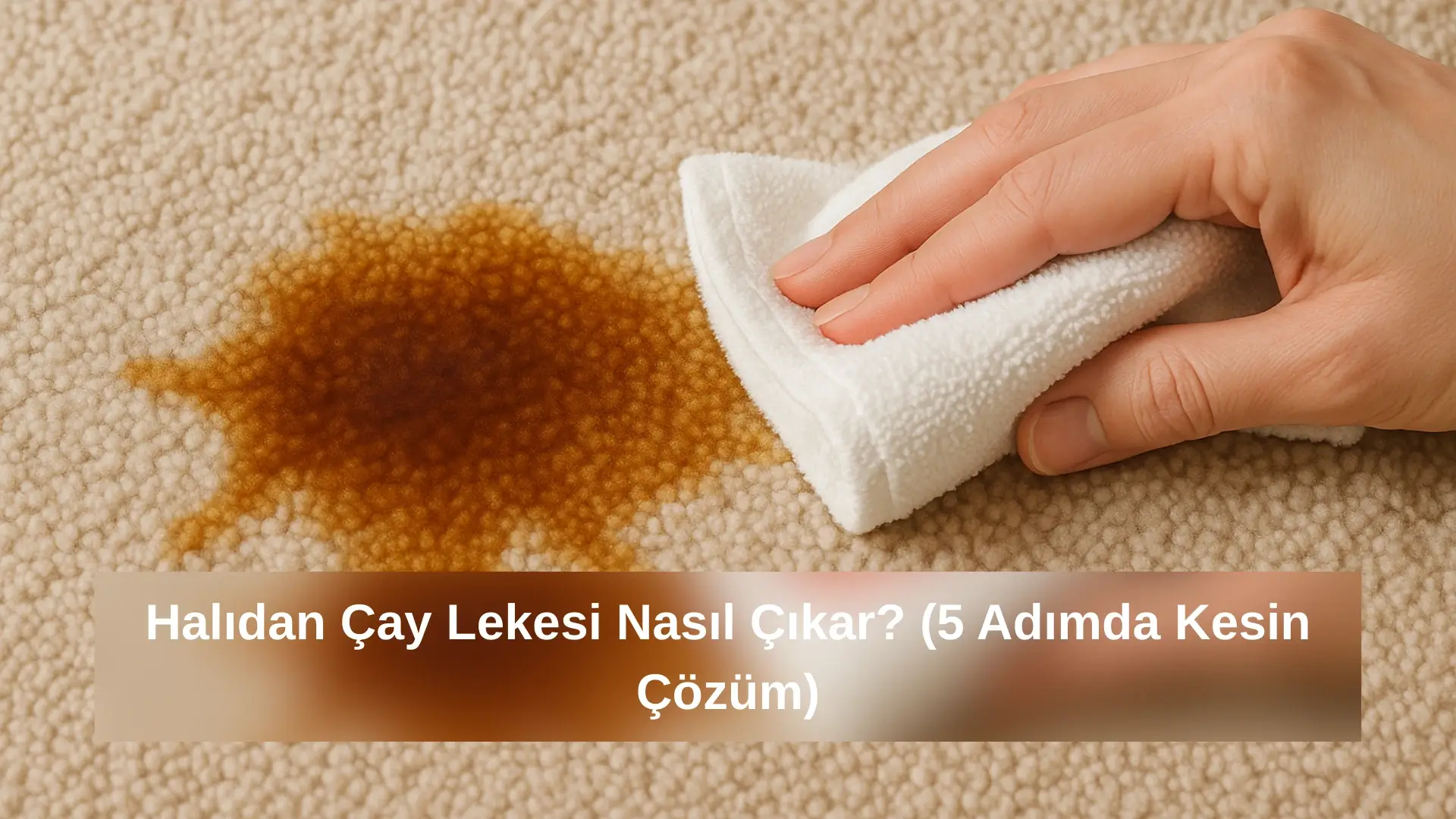 Bej halıdaki taze çay lekesini beyaz bezle tamponlayarak temizleyen el – gerçekçi yakın plan