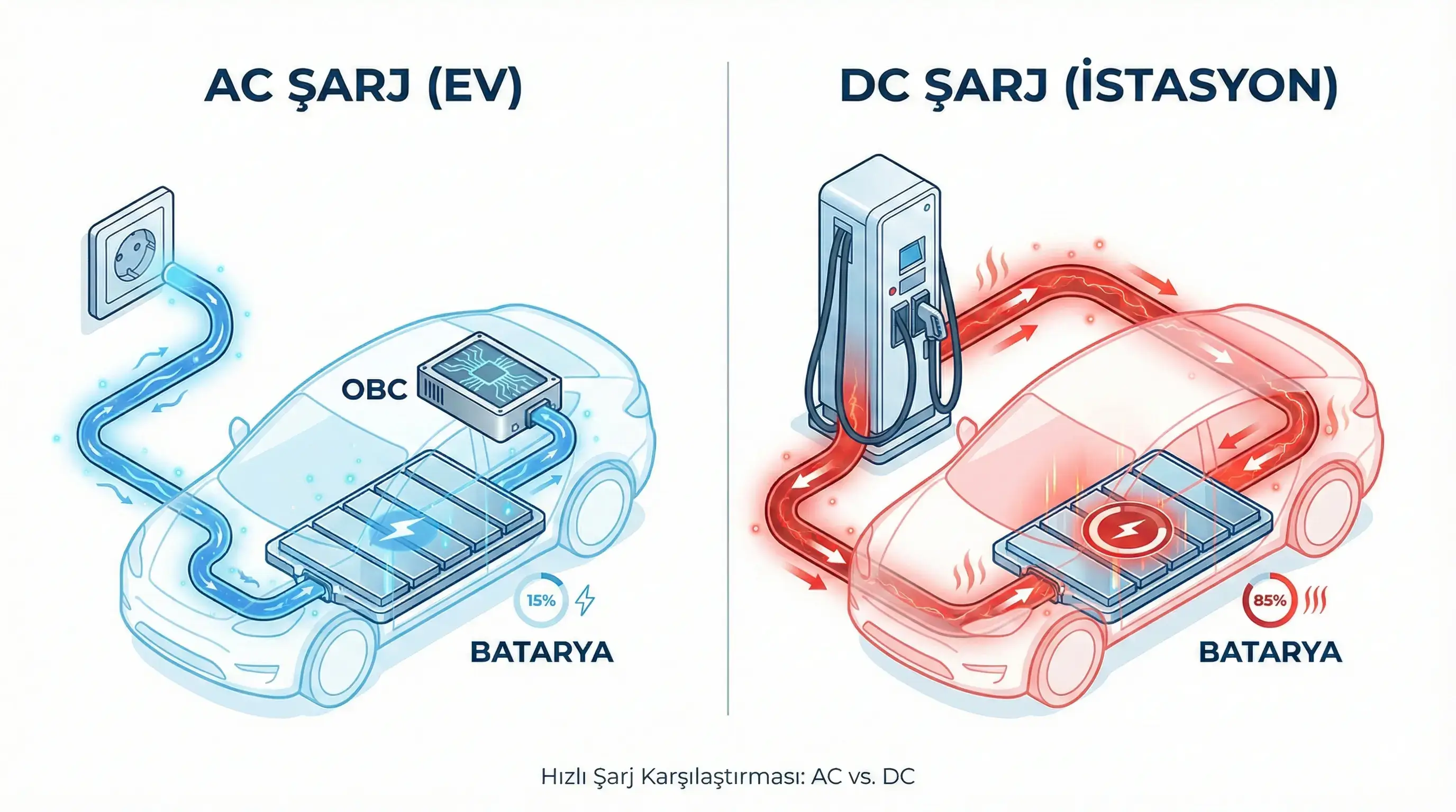 Elektrikli araçlarda AC ve DC şarj akış şeması ve OBC çalışma prensibi