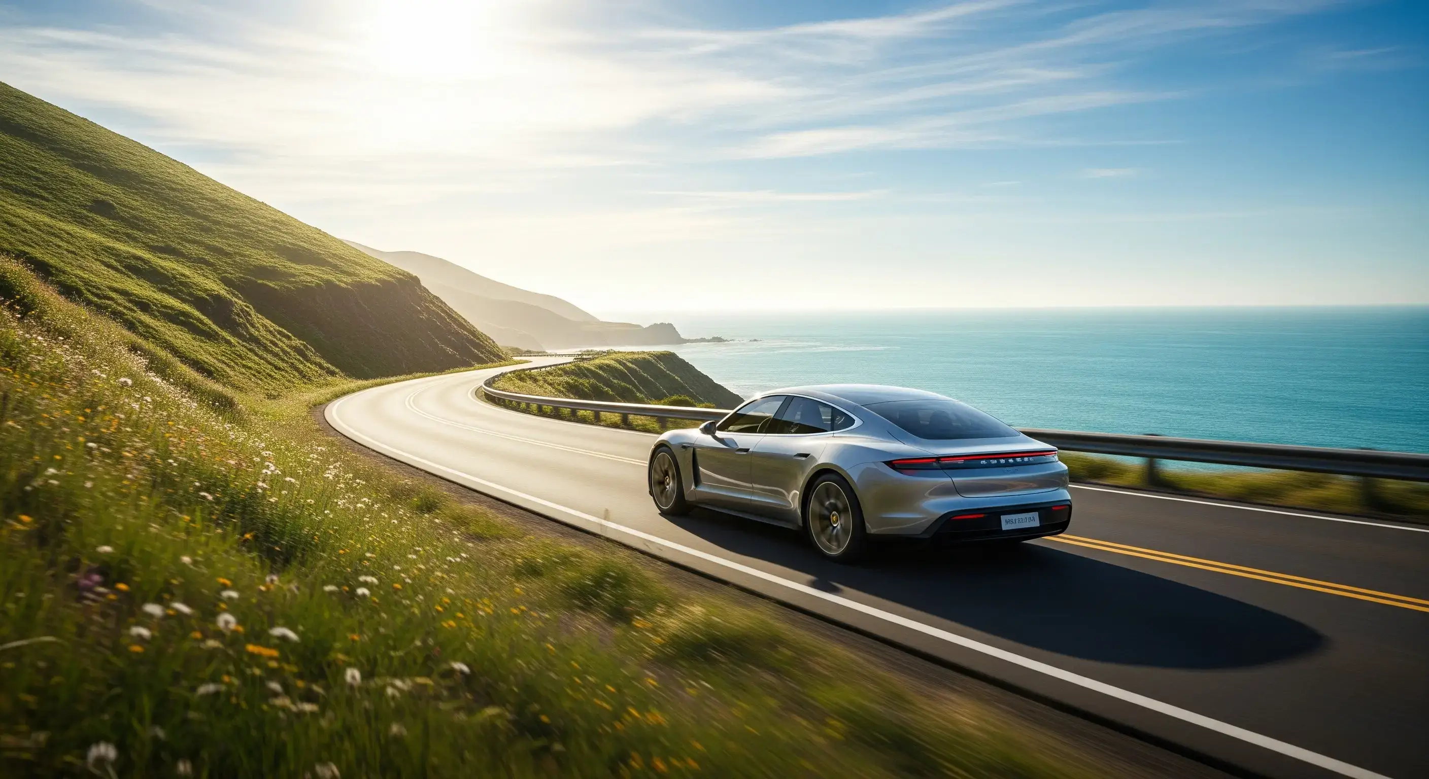 Güneşli bir günde, sessizce yol alan modern bir elektrikli arabanın yan görünümü.