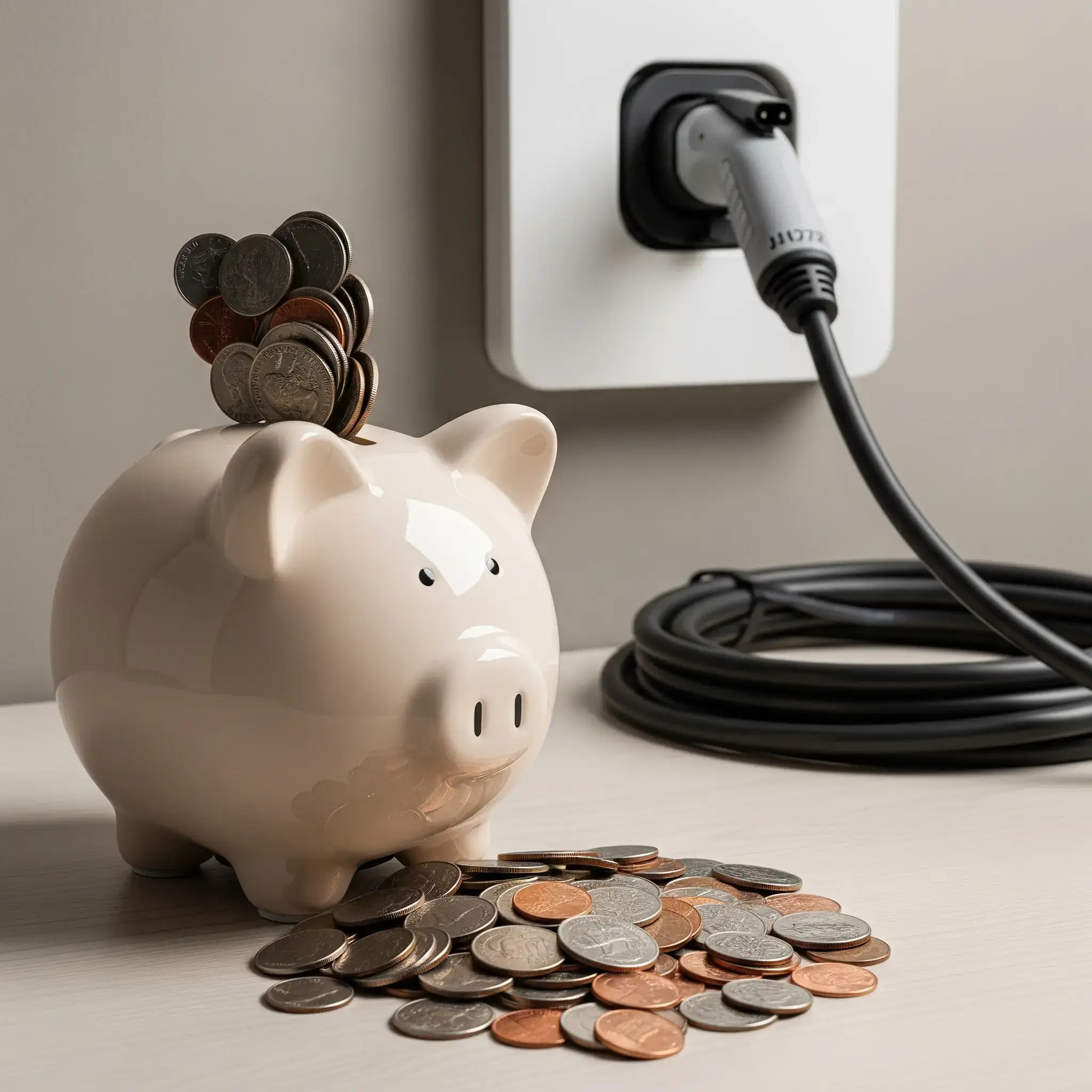 Bir kumbaranın yanında duran elektrikli araç şarj kablosu, tasarrufu simgeliyor.