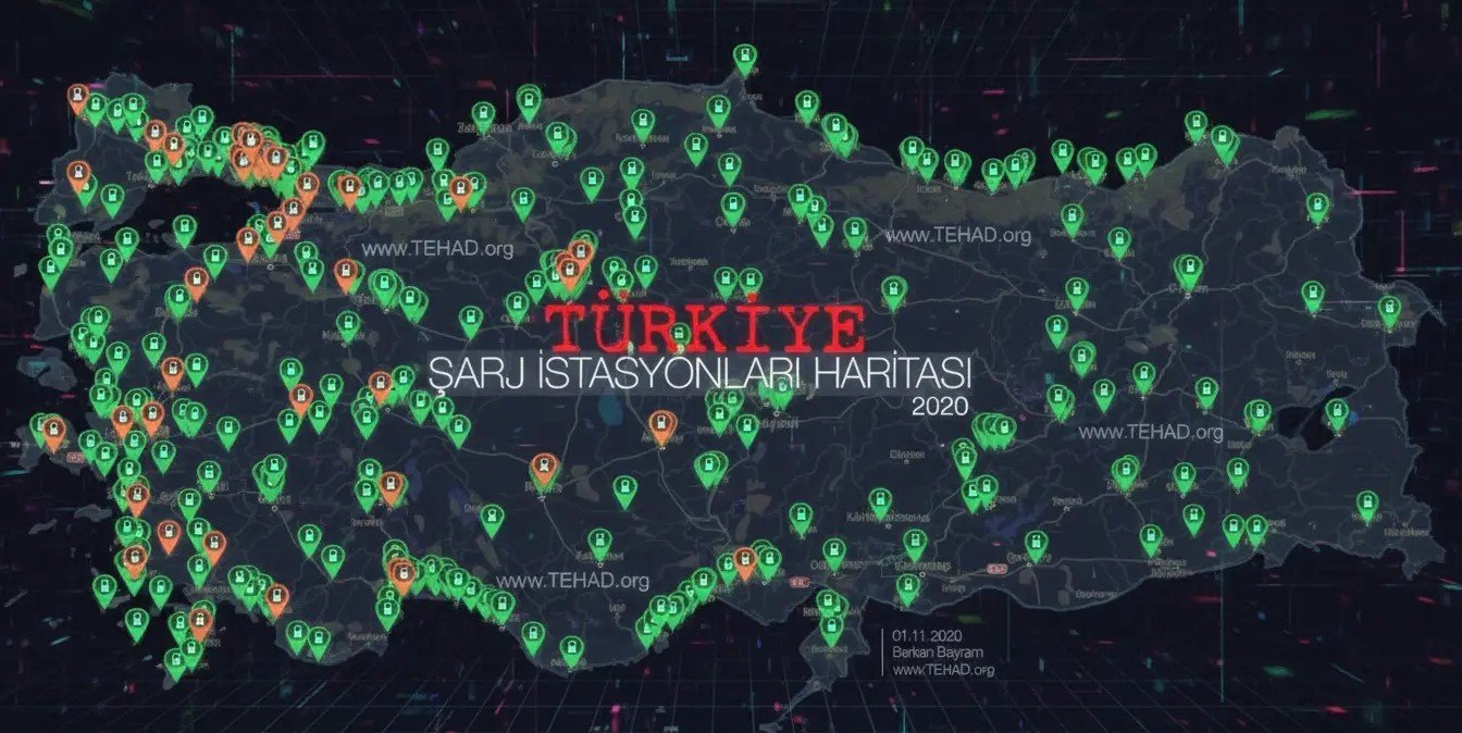 Türkiye haritası üzerinde yayılmış şarj istasyonu noktaları ve otoyollar boyunca uzanan şarj ağı.