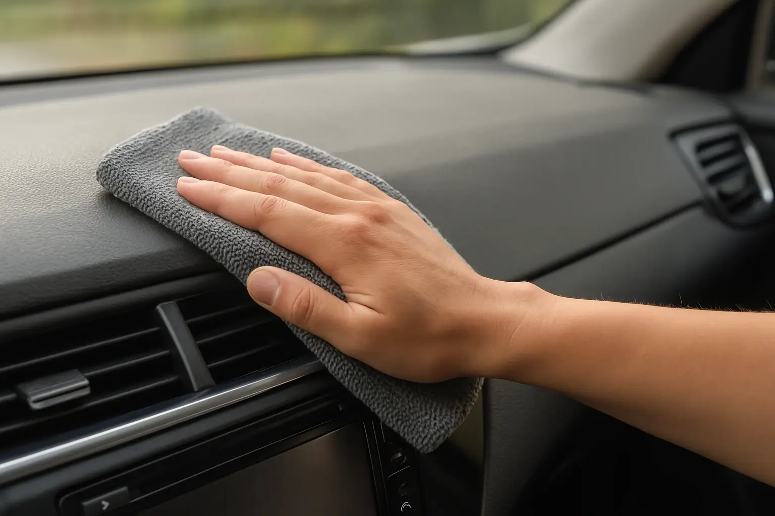 Bir kişinin arabanın torpidosunu gri bir mikrofiber bezle nazikçe sildiği iç mekan görüntüsü
