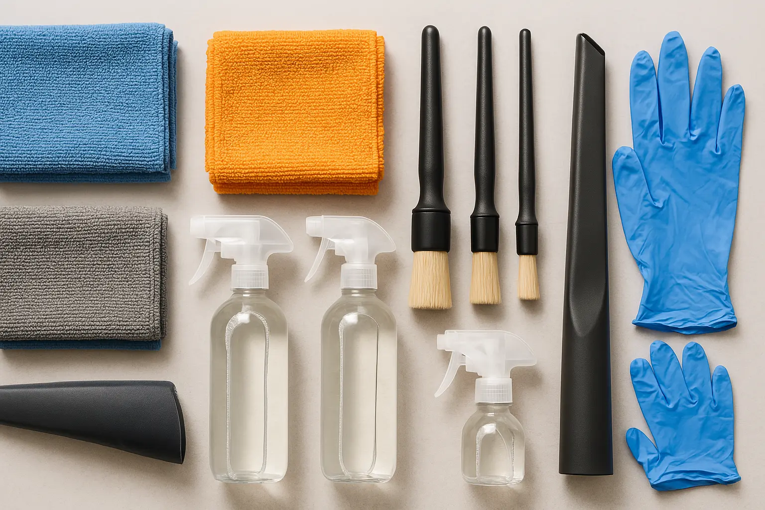 Araç içi temizlik için gerekli malzemeler: mikrofiber bezler, fırçalar, spreyler ve vakum başlığı.