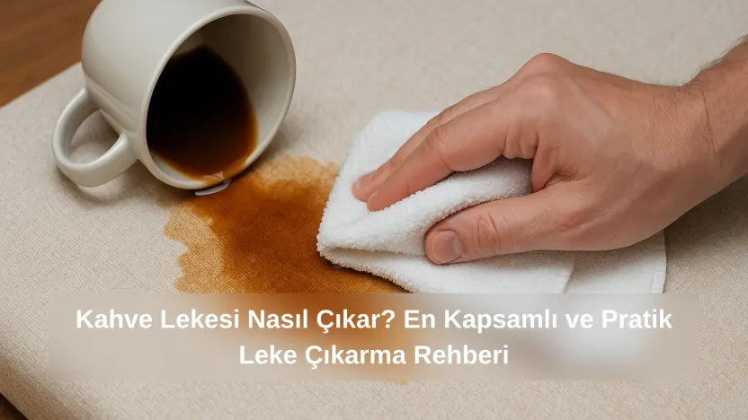 Açık renkli kumaş üzerine dökülen kahve lekesi, beyaz bir bezle nazikçe siliniyor