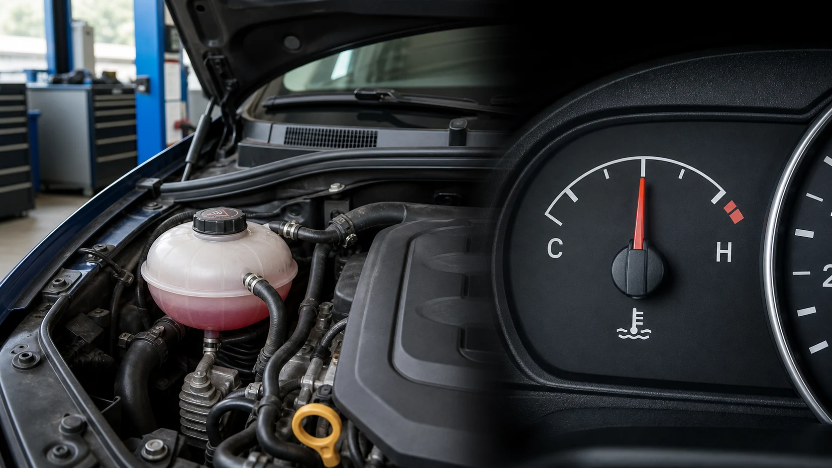 Soğutma suyu genleşme kabı ve yükselen motor sıcaklık göstergesinin birlikte görünümü