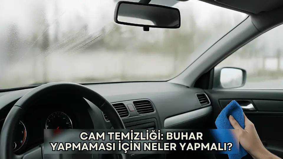 Araba camlarının cam temizleyici ve mikrofiber bez ile temizlenerek buhar oluşumunun önlendiğini betimleyen yüksek çözünürlüklü temizlik görseli.