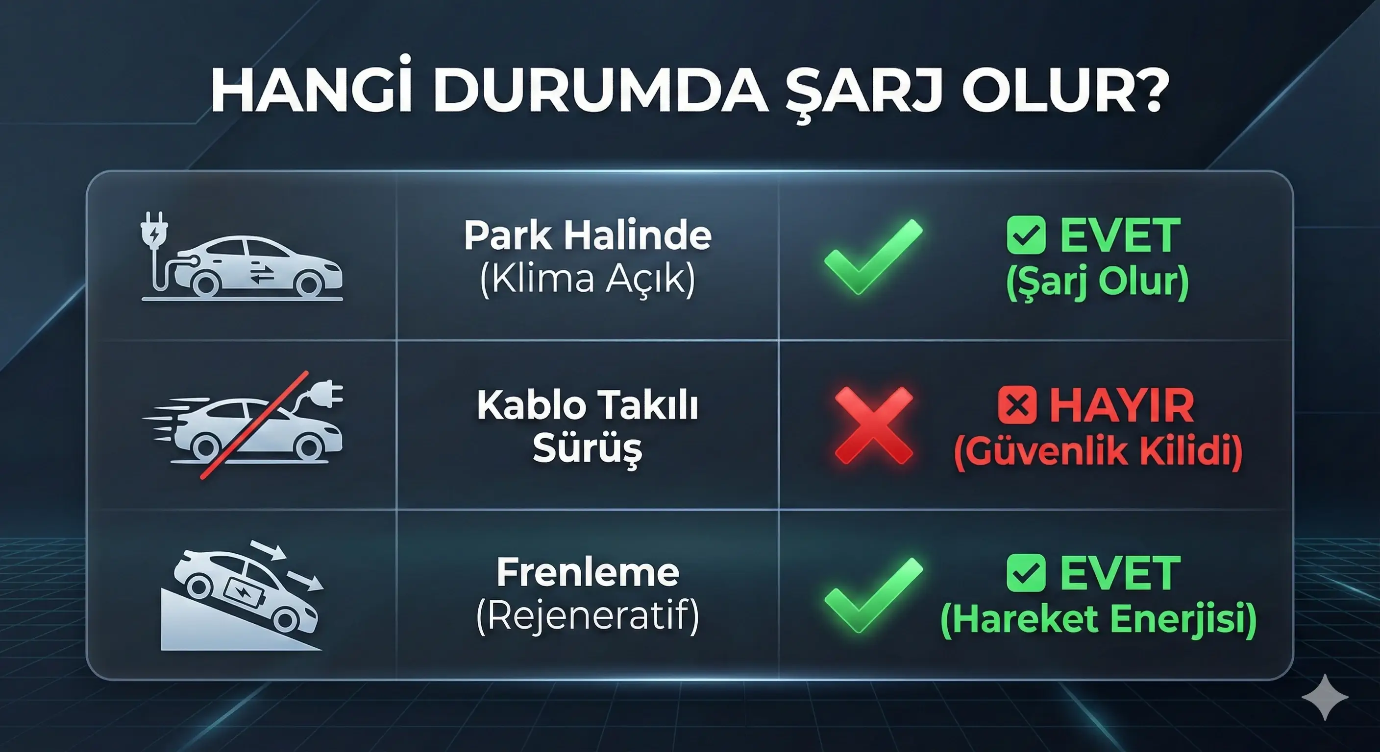 Elektrikli araç şarj durumlarını özetleyen tablo grafiği