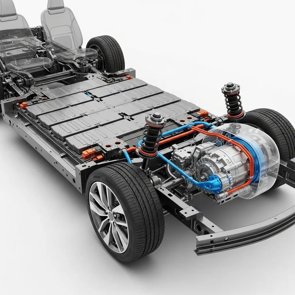 Elektrikli arabanın şasisi, batarya paketi ve motorunun yerleşimini gösteren kesit görünüm