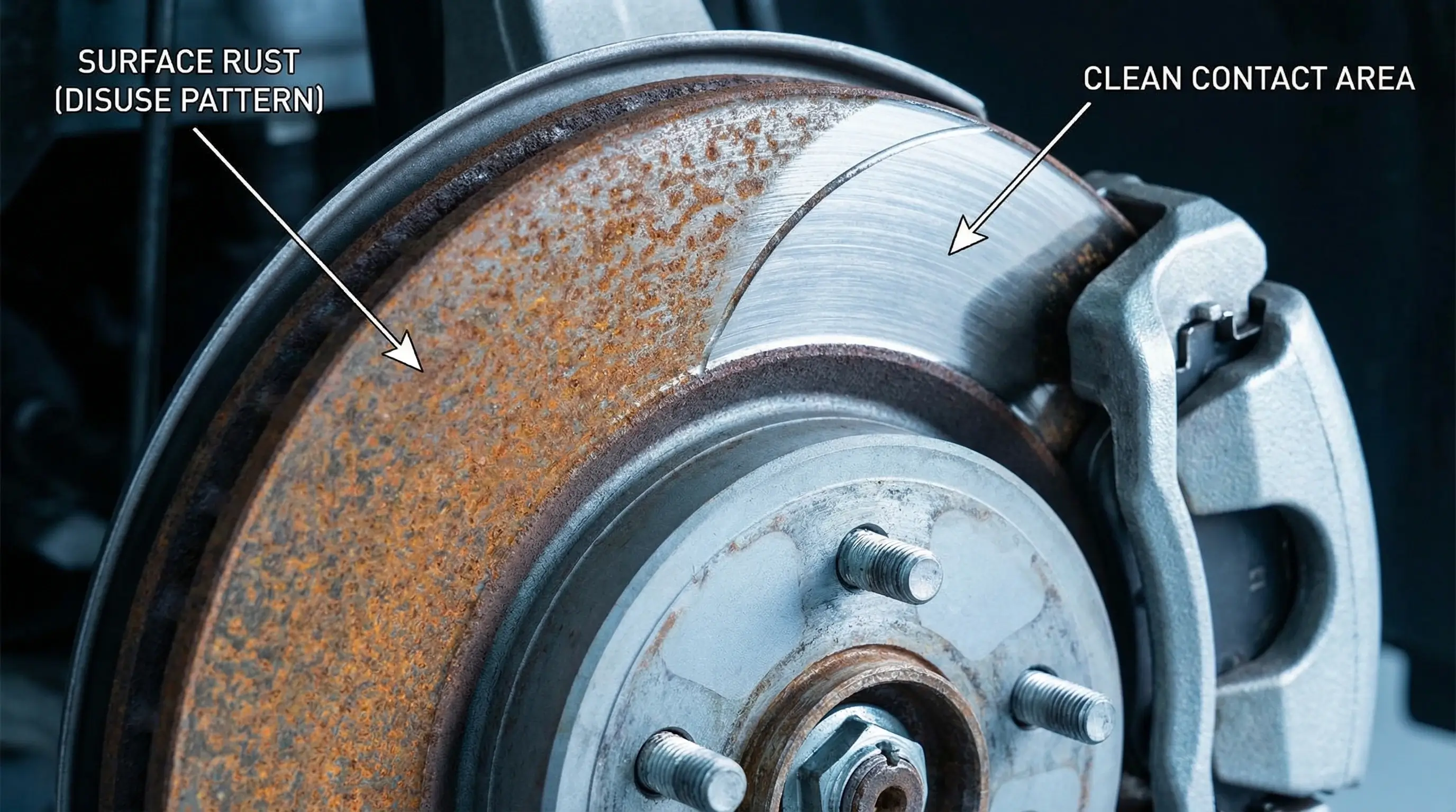 Rejeneratif frenleme nedeniyle az kullanılan elektrikli araç fren diskinde oluşan pas ve korozyon detay görüntüsü