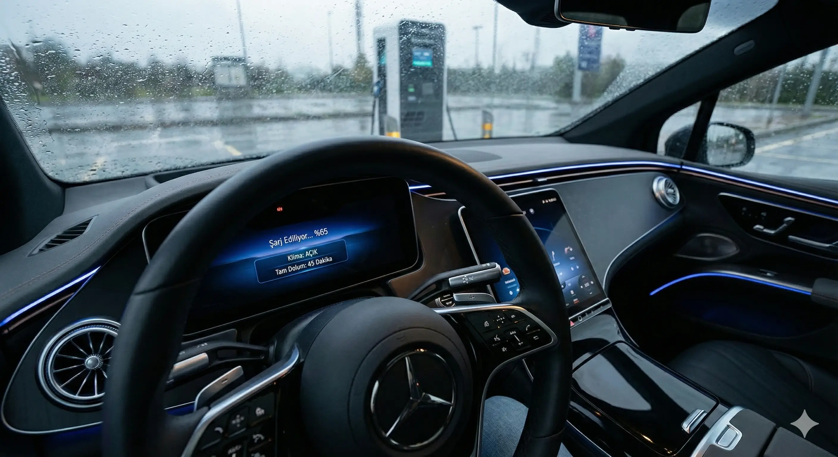 Elektrikli araba şarj olurken sürücü koltuğundan gösterge paneli görünümü