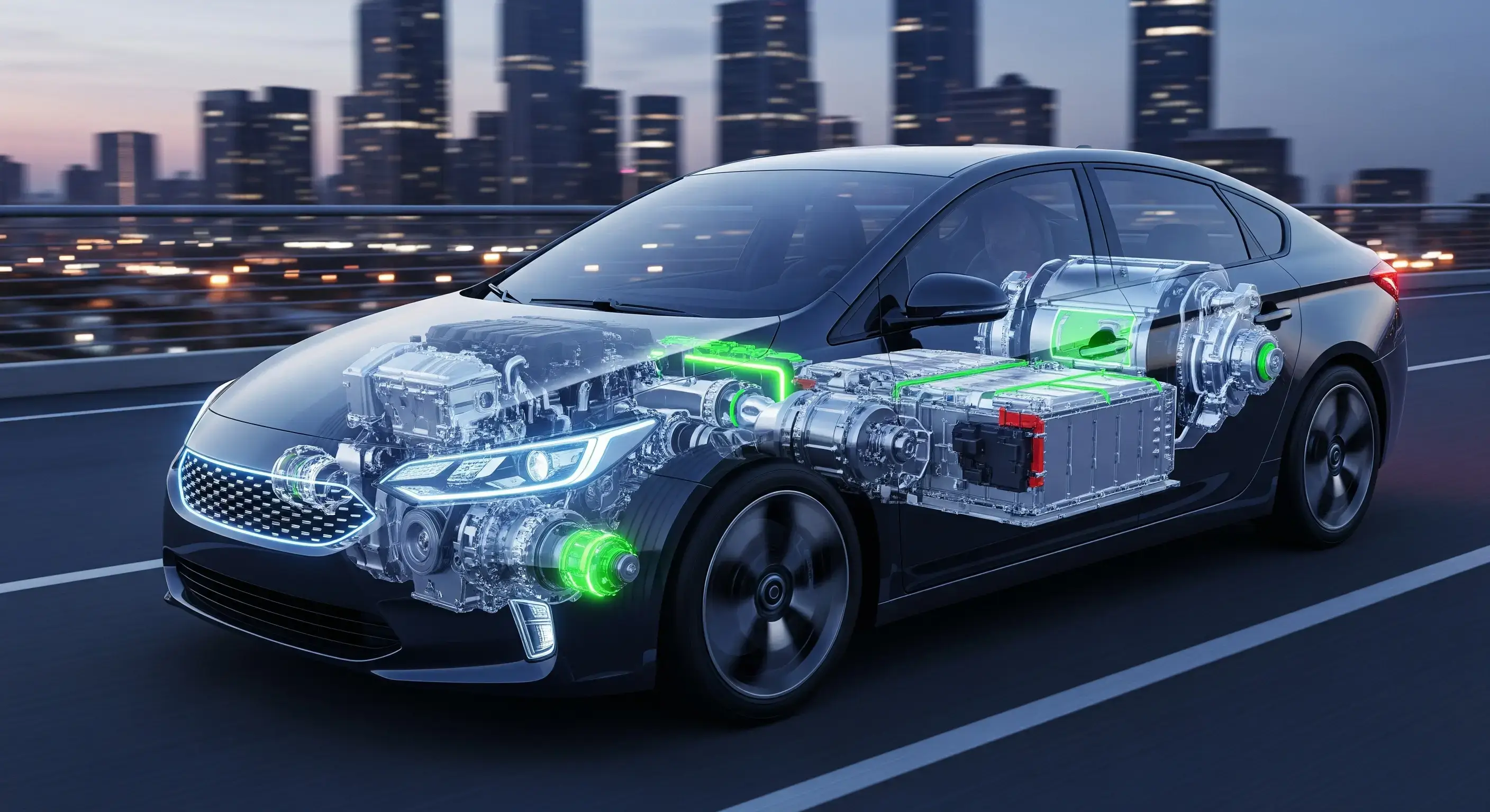 Modern bir hibrit arabanın iç ve dış tasarımını birleştiren sanatsal bir görsel