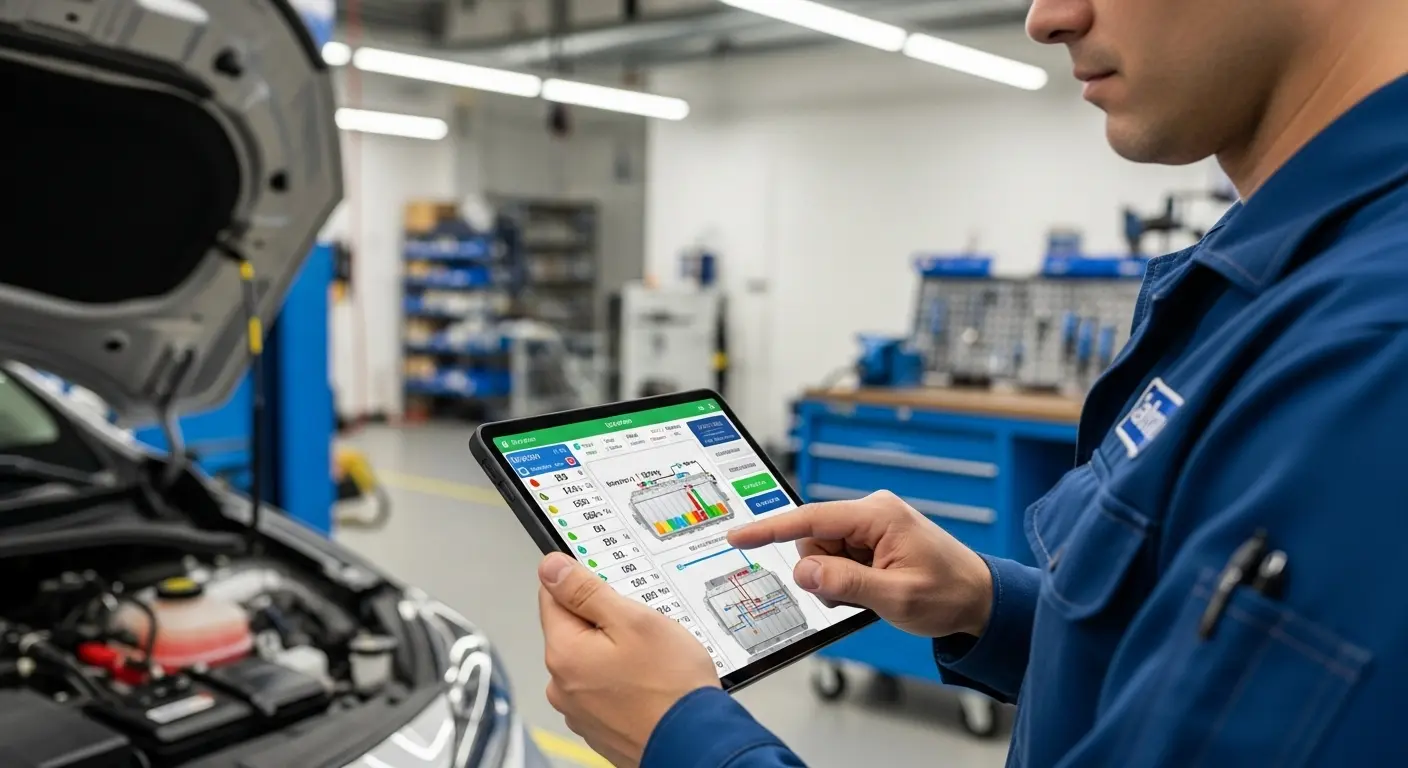 Hibrit araç bakımı yapan bir teknisyen.