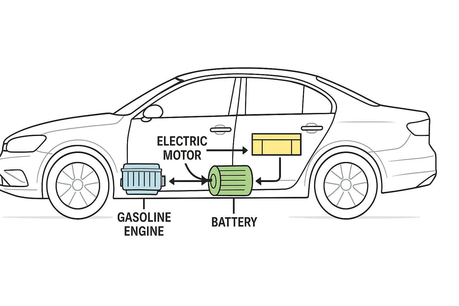 Bir hibrit arabanın iç yapısını gösteren, benzinli motoru, elektrik motorunu ve bataryayı vurgulayan şematik bir çizim.