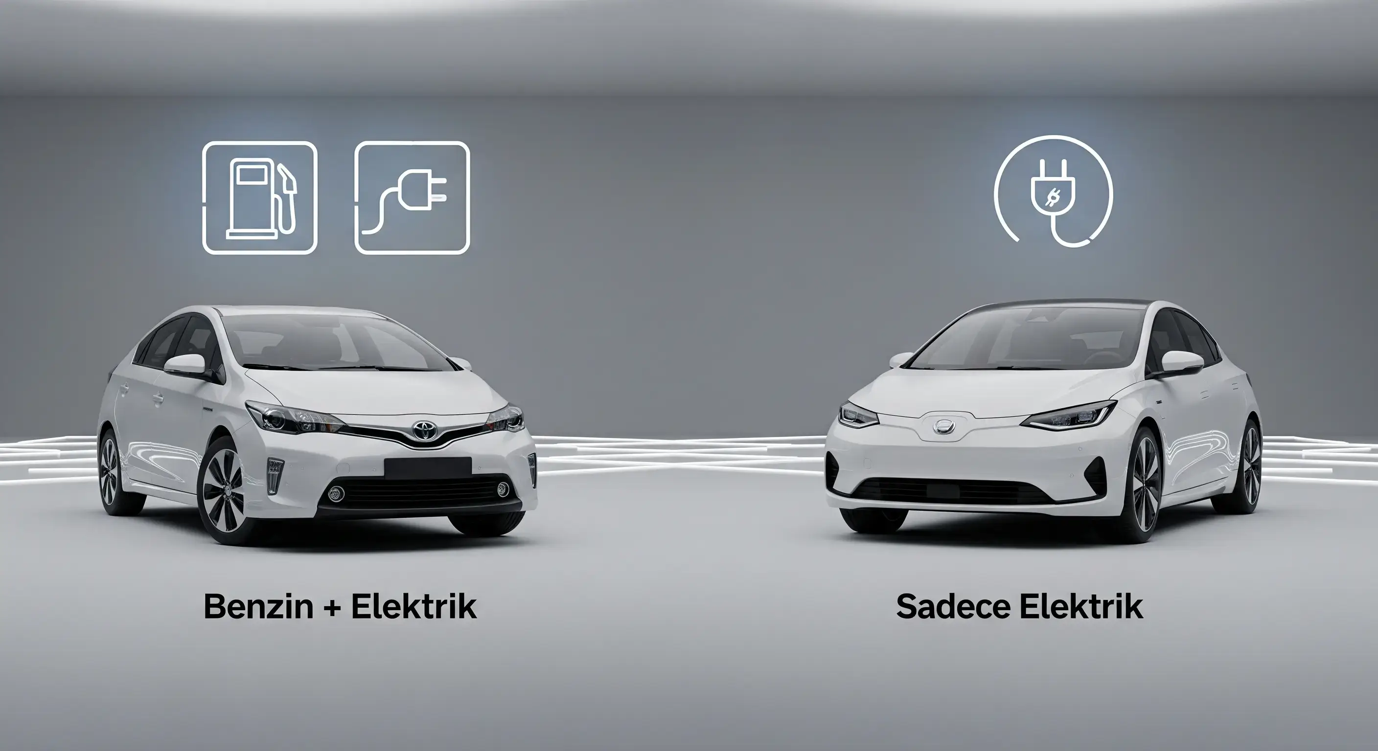 Yan yana duran bir hibrit araba ve bir elektrikli araba, aralarındaki farkları simgeleyen ikonlarla birlikte