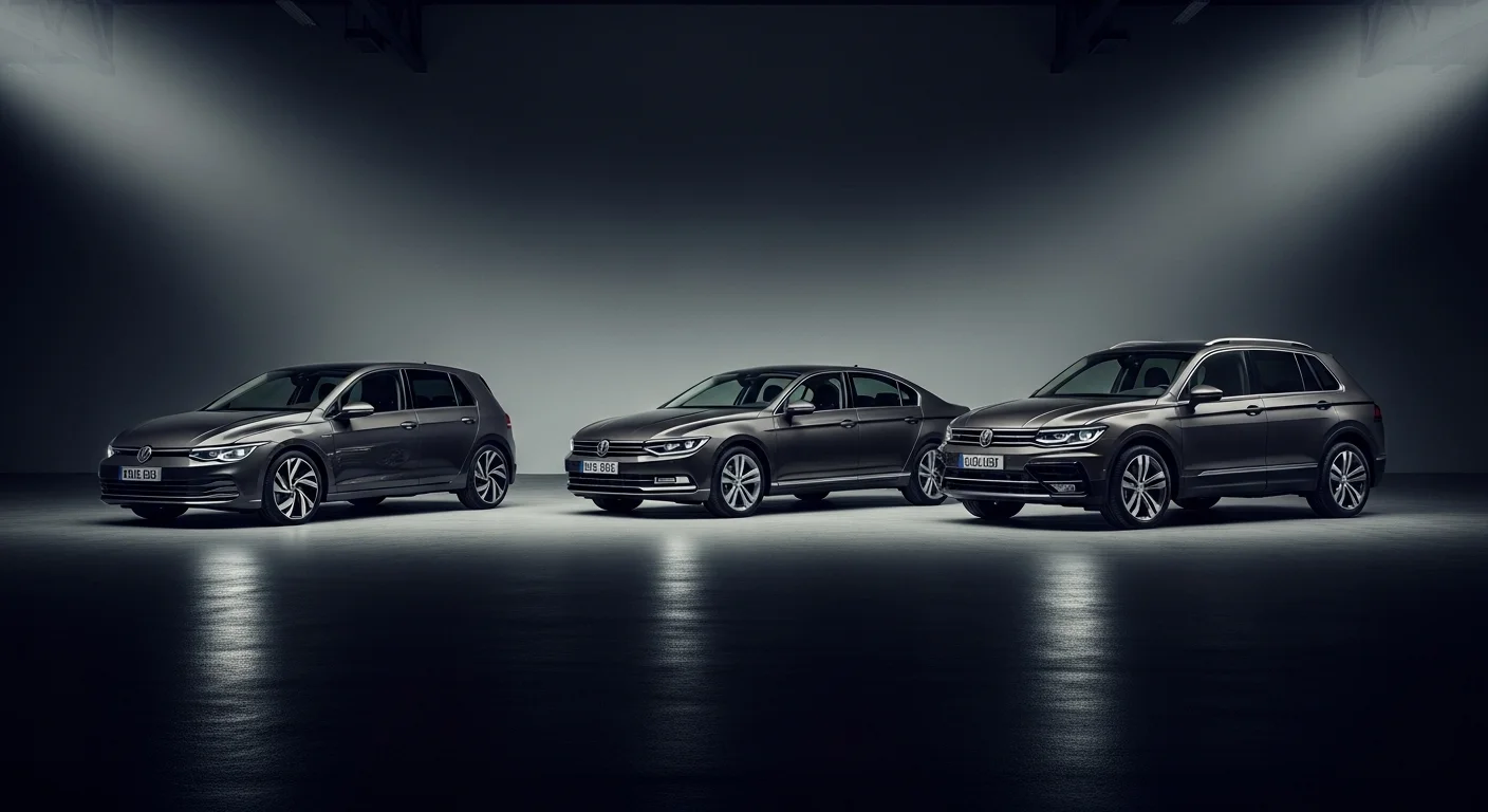 Volkswagen Golf'ün üç neslinin (7, 7.5, 8) yan yana durarak tasarım evrimini göstermesi.