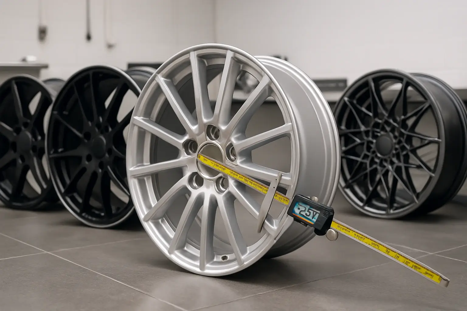 Generate a high-resolution, photorealistic image showcasing a variety of car alloy wheels side-by-side in a clean, well-lit workshop setting. Include different styles (multi-spoke, five-spoke, mesh), finishes (silver, black, gunmetal), and sizes. In the foreground, show a close-up of one wheel with a measuring tape or caliper subtly checking the PCD (bolt pattern) or center bore dimension, emphasizing the technical aspect of wheel selection. Ensure the lighting highlights the details and textures of the wheels.