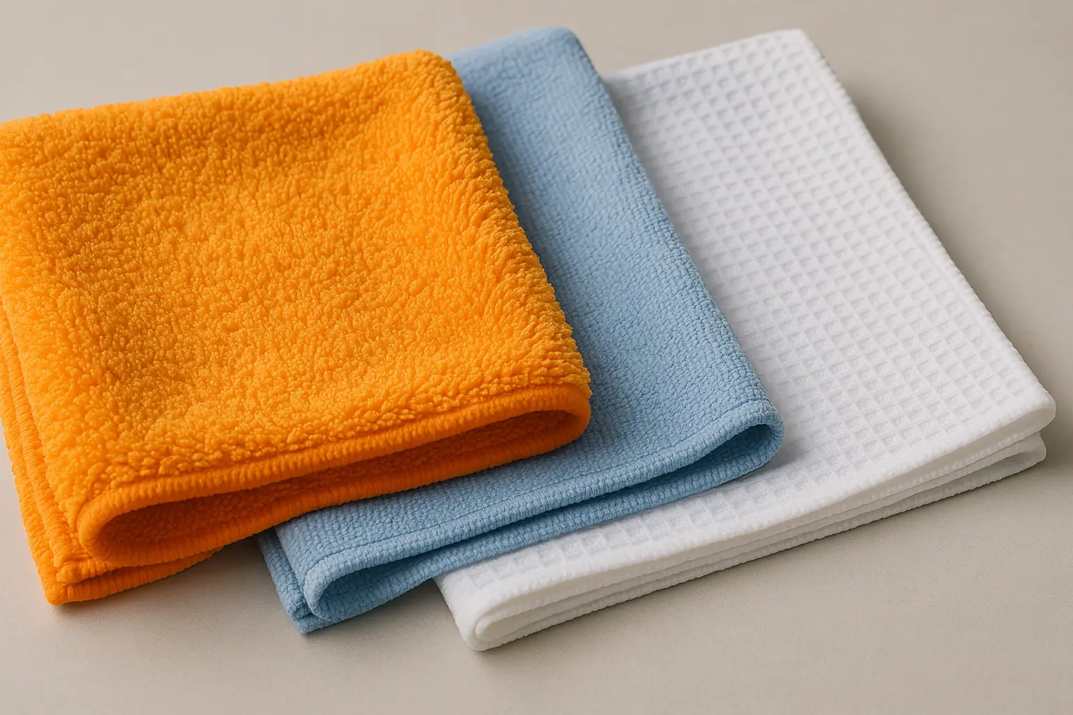 Farklı dokularda araç temizliği için mikrofiber bez çeşitleri: kurulama, genel amaçlı ve cam bezi.