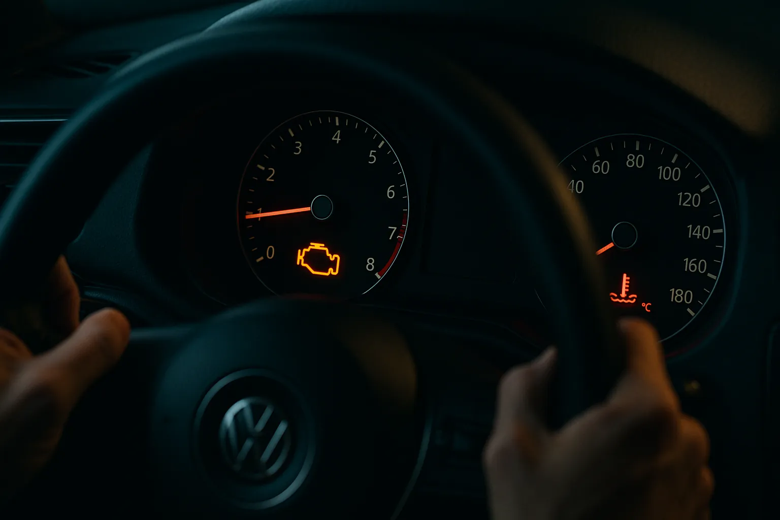Bir arabanin gosterge panelinde yanan motor ariza isigi ve hararet gostergesi"