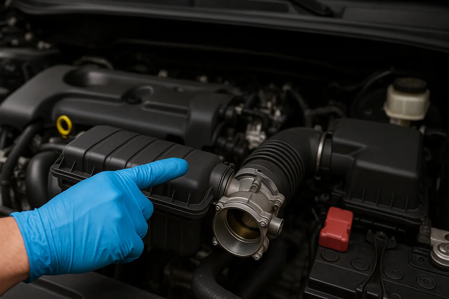 Araba motoru içerisindeki hava filtresi gibi bir parçayı gösteren el