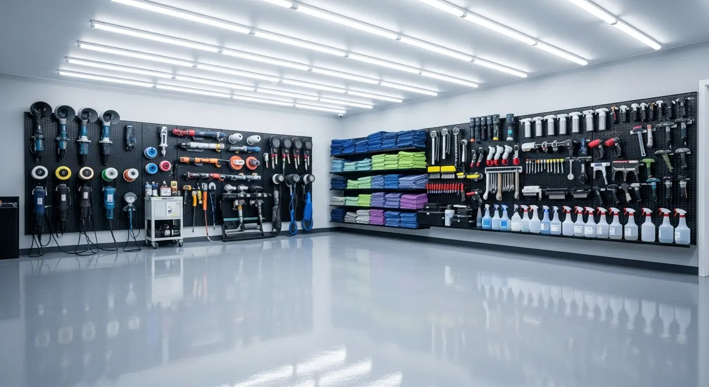 Profesyonel bir oto detailing merkezinin temiz ve düzenli iç mekanı