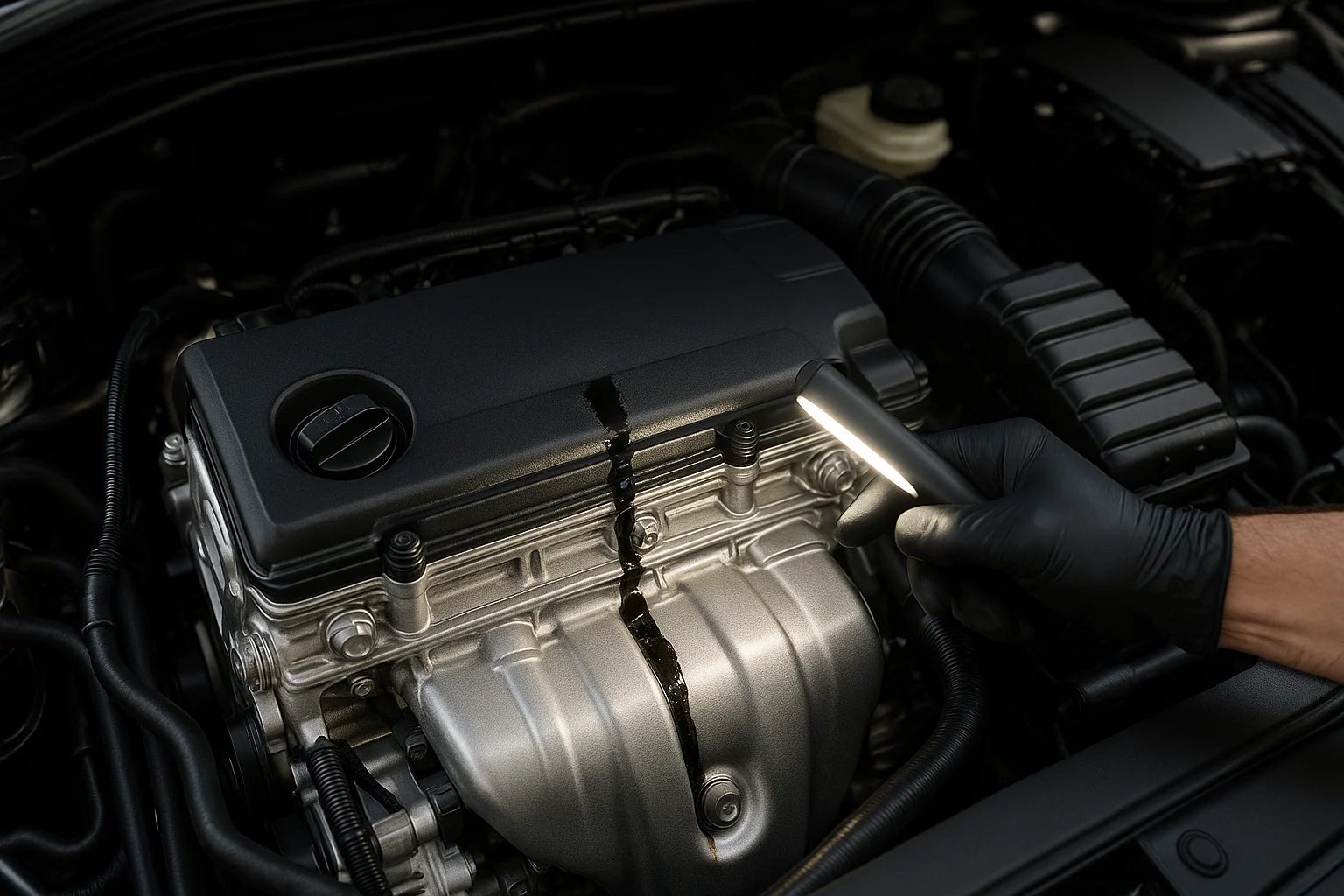 Susuz motor temizleyici ile temizlenmiş motor bloğu üzerinde belirginleşen yağ sızıntısı izi