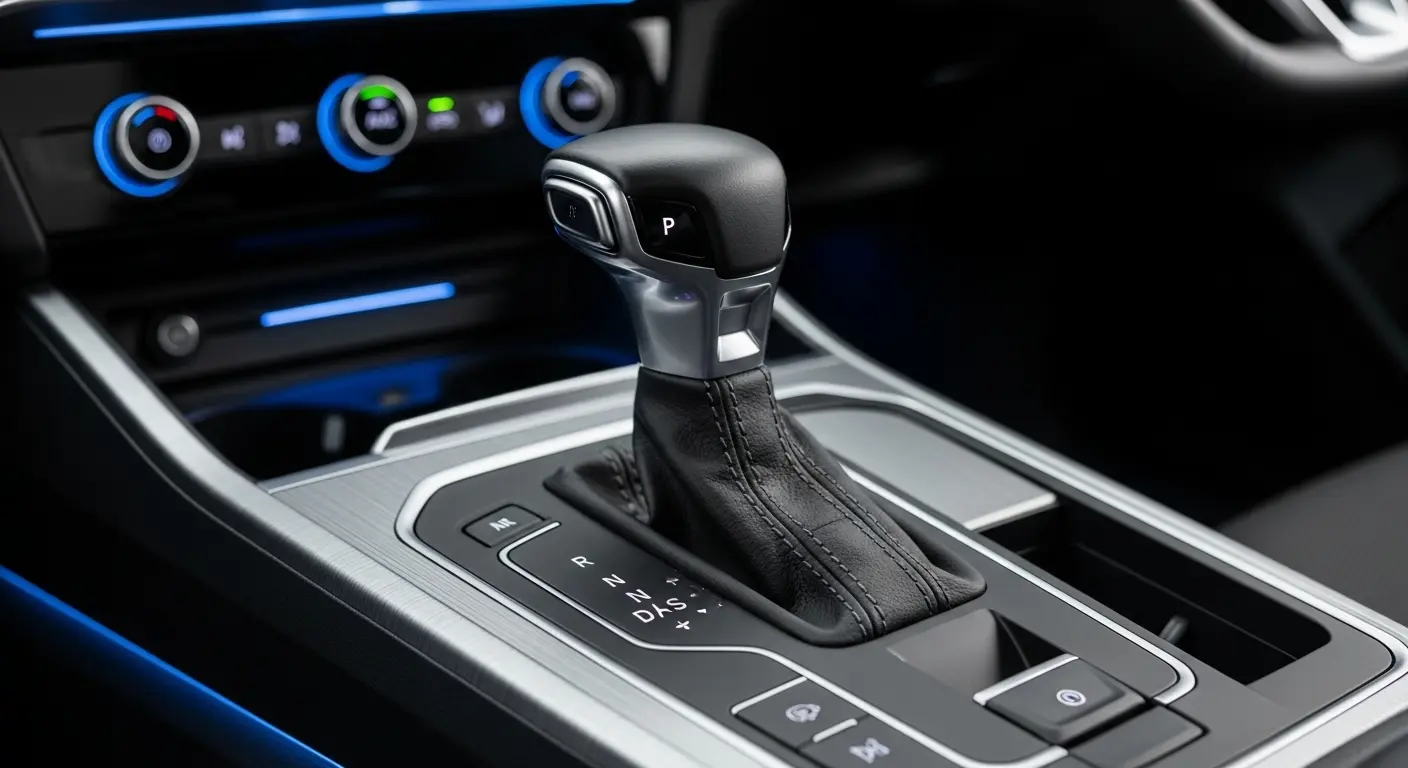 Tiguan modelinin eTSI ve TDI motor seçeneklerini ve verimliliğini simgeleyen modern bir DSG vites topuzu detayı