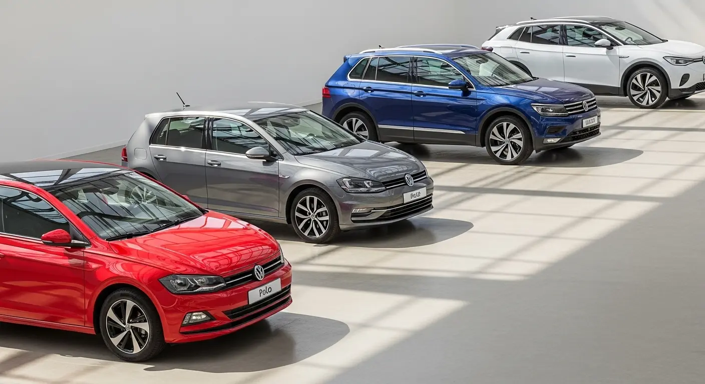 Volkswagen'in Polo, Golf, Tiguan ve ID.4 gibi farklı segmentlerdeki güncel modellerinin bir arada sergilendiği showroom resmi.