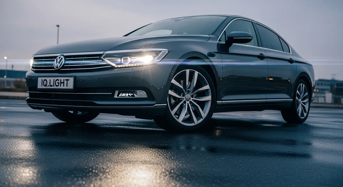 Modern bir Volkswagen Passat Elegance paketinin prestijli ve şık ön tasarımı, IQ.LIGHT farları parlıyor.