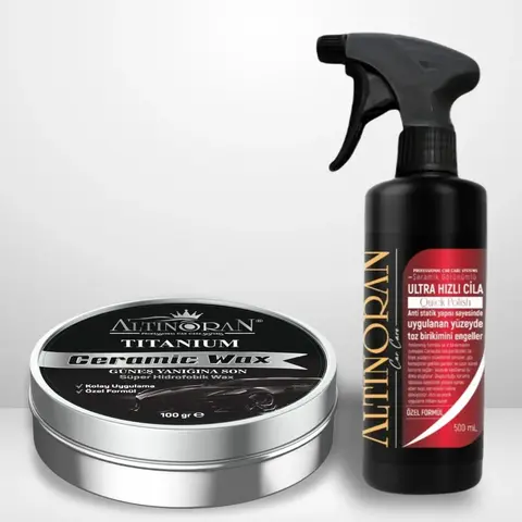 Altınoran Titanium Seramik Wax krem cila ve Altınoran Ultra Hızlı Cila sprey ürünlerinin bir arada olduğu paket görseli.-Altınoran Titanium Seramik Wax ürününün faydalarını anlatan görsel. Yüksek parlaklık, güneş yanıklarına karşı etki ve 10 yıkamaya kadar kalıcılık özellikleri vurgulanmıştır.-Altınoran Ultra Hızlı Cila ürününün yüksek parlaklık, hidrofobik su iticilik ve kolay uygulama gibi özelliklerini gösteren tanıtım görseli.-Kırmızı bir araba kaputunda Altınoran seramik cila ve hızlı cila 