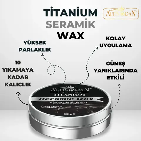 Altınoran Titanium Seramik Wax krem cila ve Altınoran Ultra Hızlı Cila sprey ürünlerinin bir arada olduğu paket görseli.-Altınoran Titanium Seramik Wax ürününün faydalarını anlatan görsel. Yüksek parlaklık, güneş yanıklarına karşı etki ve 10 yıkamaya kadar kalıcılık özellikleri vurgulanmıştır.-Altınoran Ultra Hızlı Cila ürününün yüksek parlaklık, hidrofobik su iticilik ve kolay uygulama gibi özelliklerini gösteren tanıtım görseli.-Kırmızı bir araba kaputunda Altınoran seramik cila ve hızlı cila 