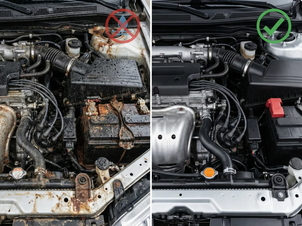 Motor yıkamanın zararları - su hasarı gösteren motor bölmesi