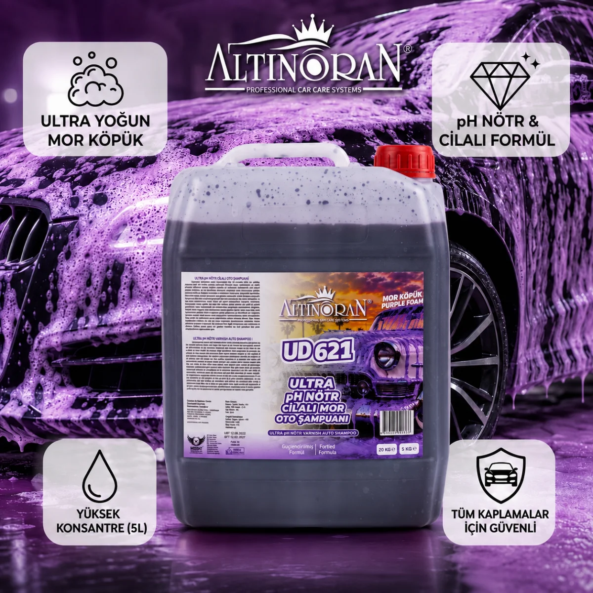 Altınoran UD621 Ultra pH Nötr Cilalı Mor Oto Şampuanı 5L
