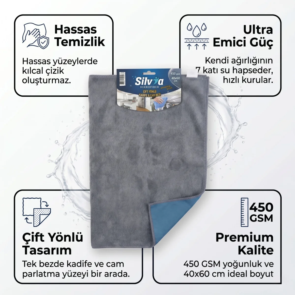 Silvia Premium Çift Yönlü Mikrofiber Oto ve Cam Temizlik Bezi 450 GSM 40x60 cm