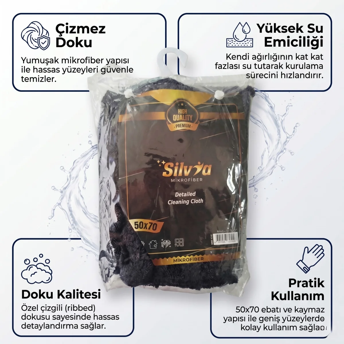 Silvia Premium 50x70 cm Çizmez Oto Kurulama ve Detay Bezi Kalın Mikrofiber Cila Bezi Antrasit
