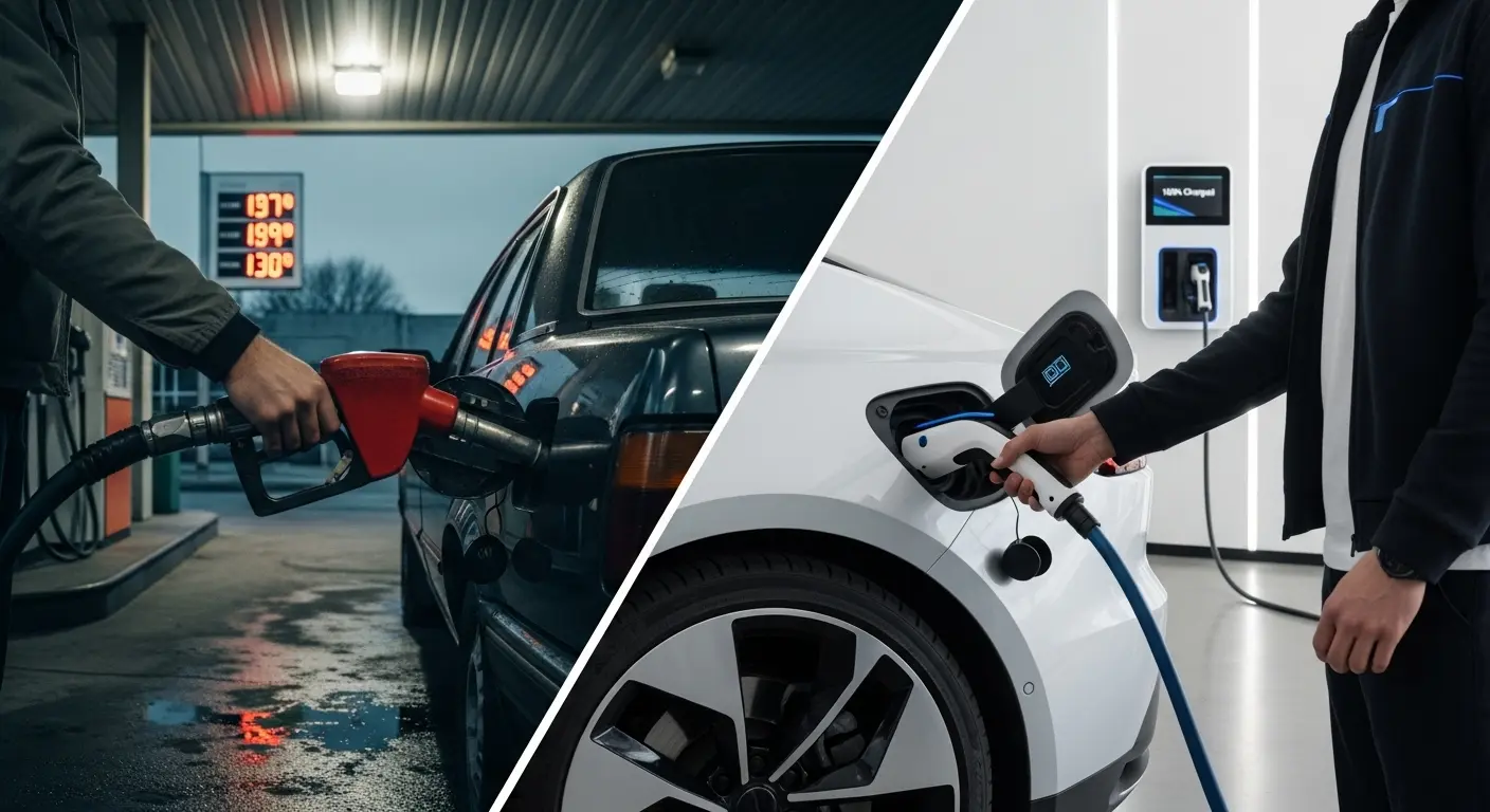 Benzin pompası tutan bir el ile elektrikli araç şarj kablosu tutan bir elin yan yana karşılaştırılması