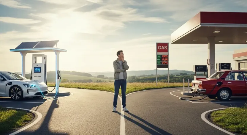 Bir kişinin yol ayrımında durup bir elektrikli araba ile bir benzinli araba arasında karar vermeye çalışması