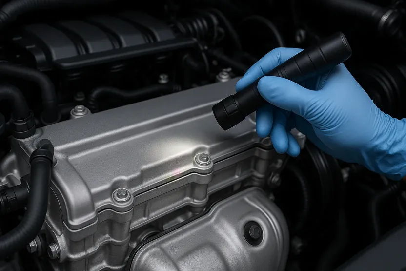Susuz motor temizleyici ile temizlenmiş motor üzerinde belirginleşen antifriz kaçağı izi