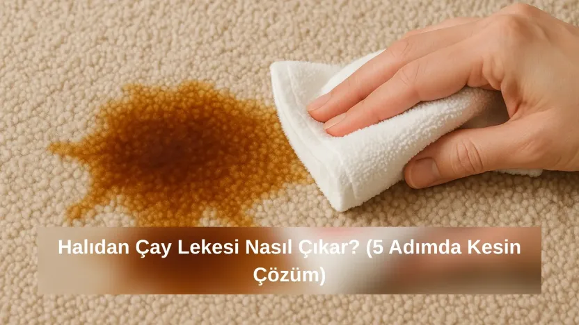 Bej halıdaki taze çay lekesini beyaz bezle tamponlayarak temizleyen el – gerçekçi yakın plan