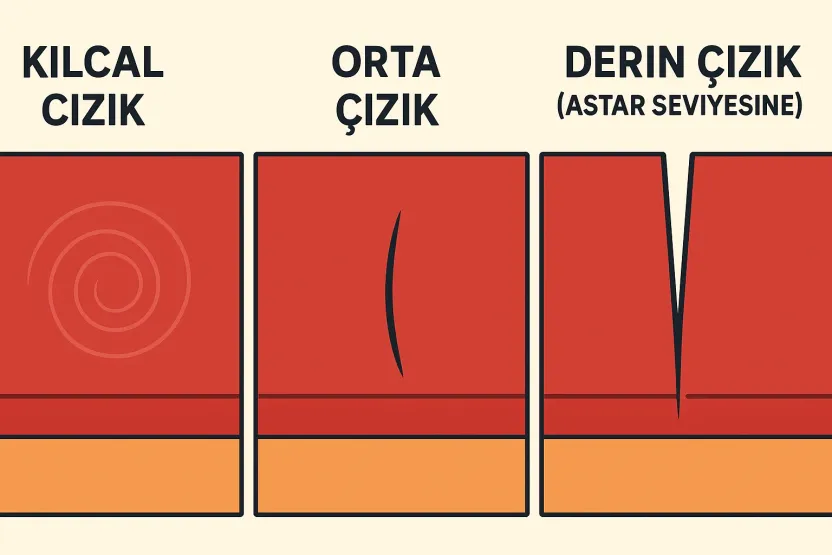 kılcal, orta ve derin araba çiziklerinin karşılaştırması