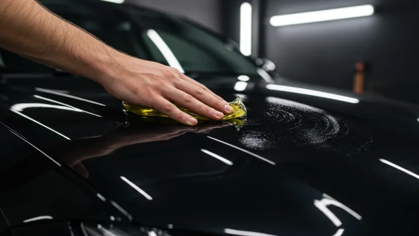 Elle balmumu wax uygulanan parlak siyah sedan