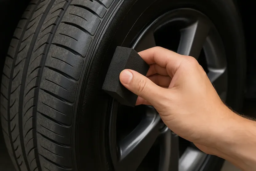 Bir kişinin sünger aplikatör ile lastik yanağına parlatıcı sürmesi