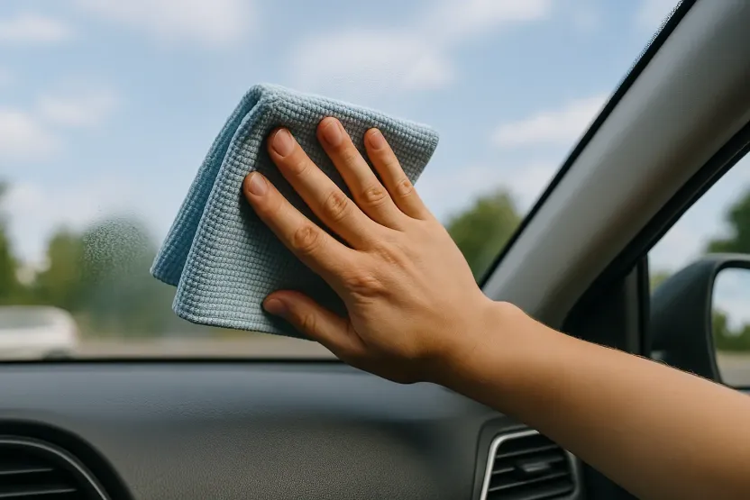 Araba ön camının içten mikrofiber bezle silinerek lekesiz ve net bir görünüm elde edilmesi.