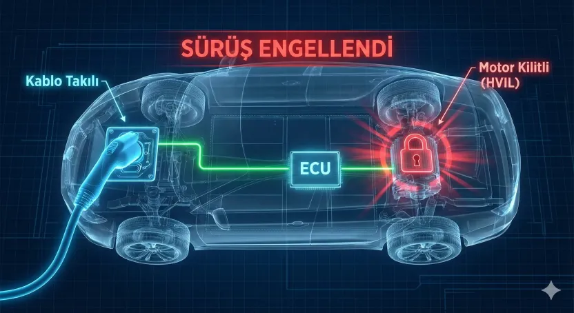 Elektrikli araçlarda kablo takılıyken hareketi engelleyen HVIL sistemi şeması