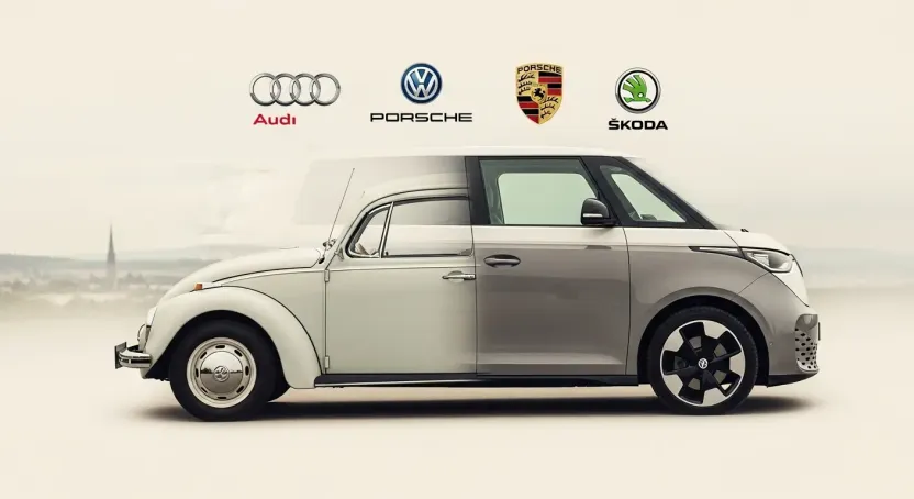 Klasik bir Volkswagen Beetle'dan modern bir VW ID. Buzz'a geçişi gösteren sembolik resim, arka planda Audi ve Porsche gibi VW Grubu marka logoları.