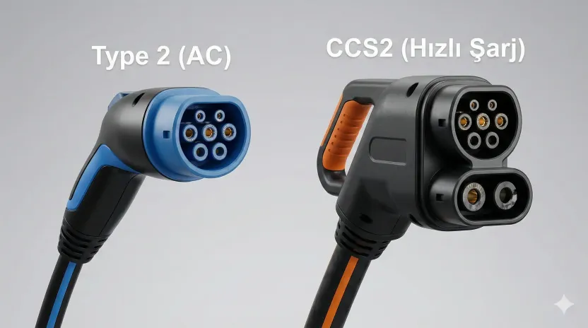 Elektrikli araç şarj kablosu çeşitleri Type 2 AC ve CCS2 DC soket farkları