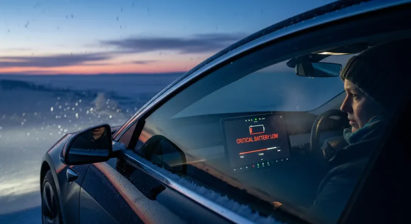 Soğuk ve karlı bir havada şarj istasyonu arayan bir elektrikli araba, menzil endişesini simgeliyor.