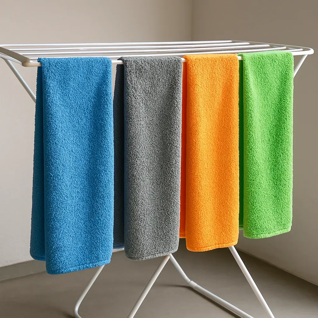 Temiz, çeşitli renklerde mikrofiber bezlerin bir çamaşır askısında kurumaya bırakılmış hali