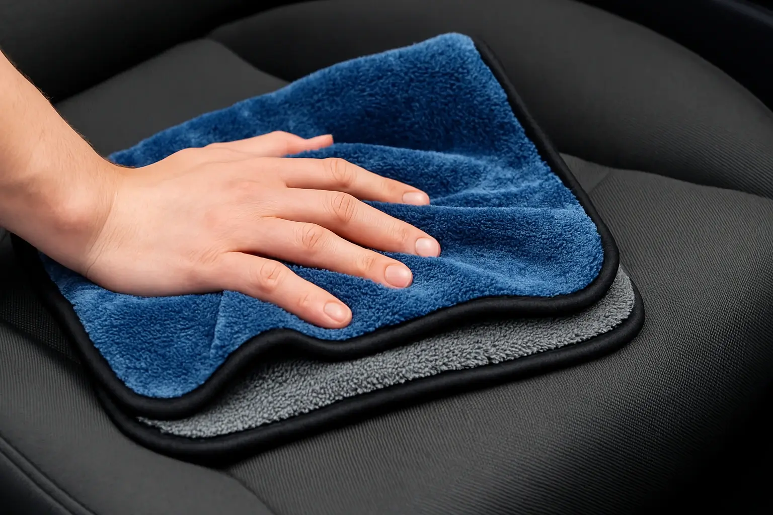 Kalın mikrofiber bez (General Oto Kurulama Havlusu benzeri) ile araç koltuğunu silme veya kurulama