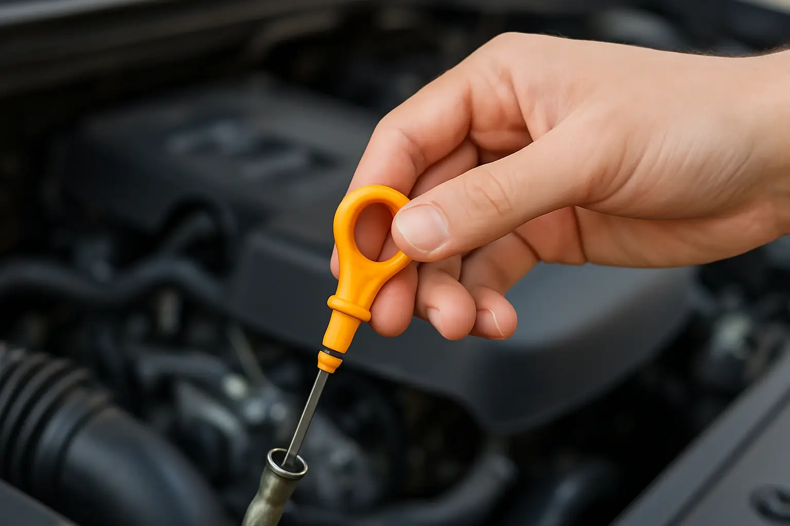 Motor yağı seviyesini kontrol etmek için yağ çubuğunu çeken el