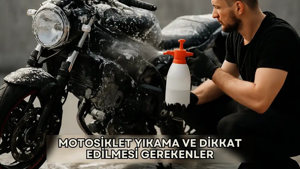 Motosikletin yıkama işlemi sonrası su damlacıklarıyla aydınlatılmış temiz yüzeyi ve detaylı yıkama anı.